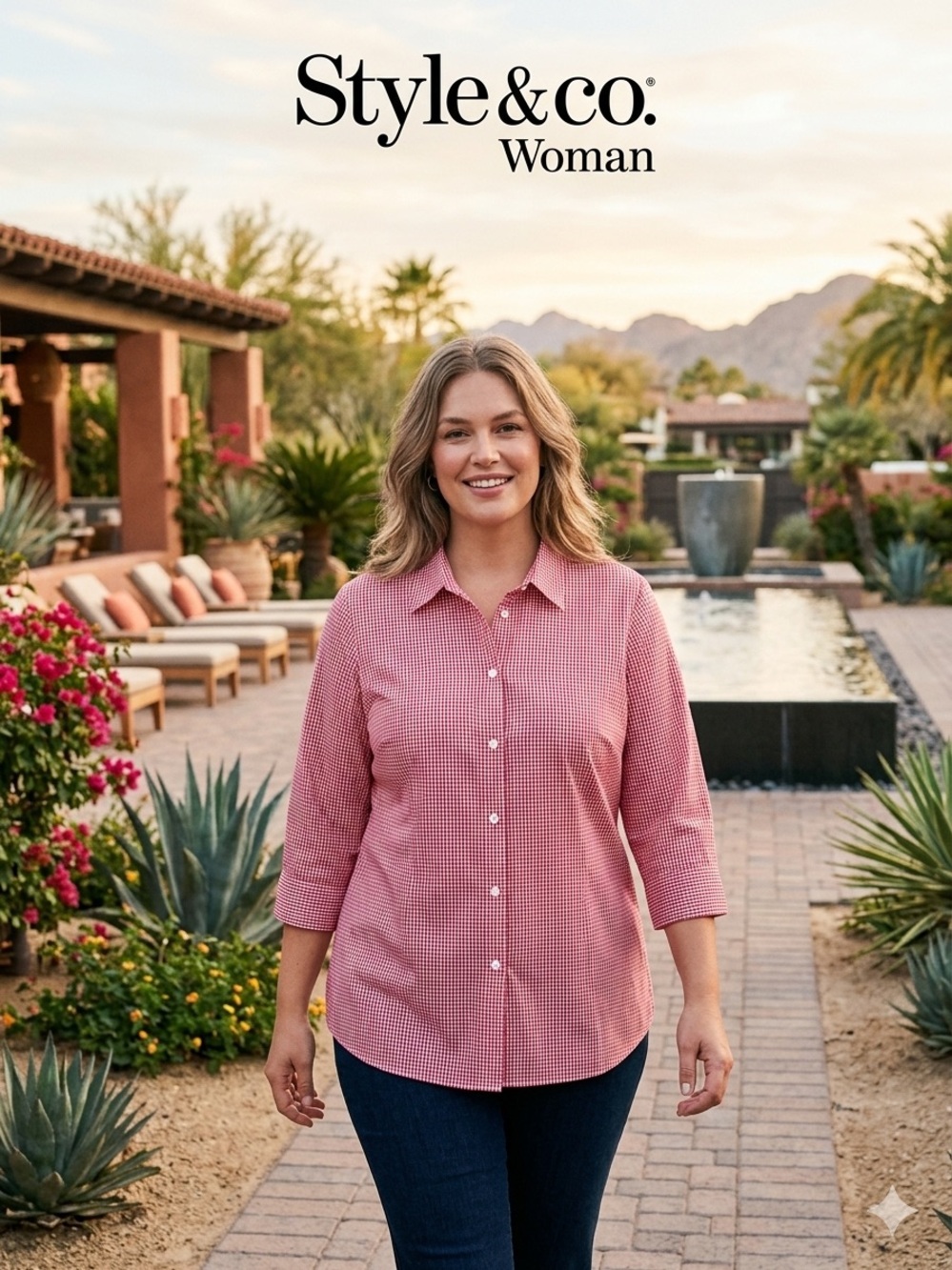 Style & Co. Woman Red Gingham Button-Down Shirt